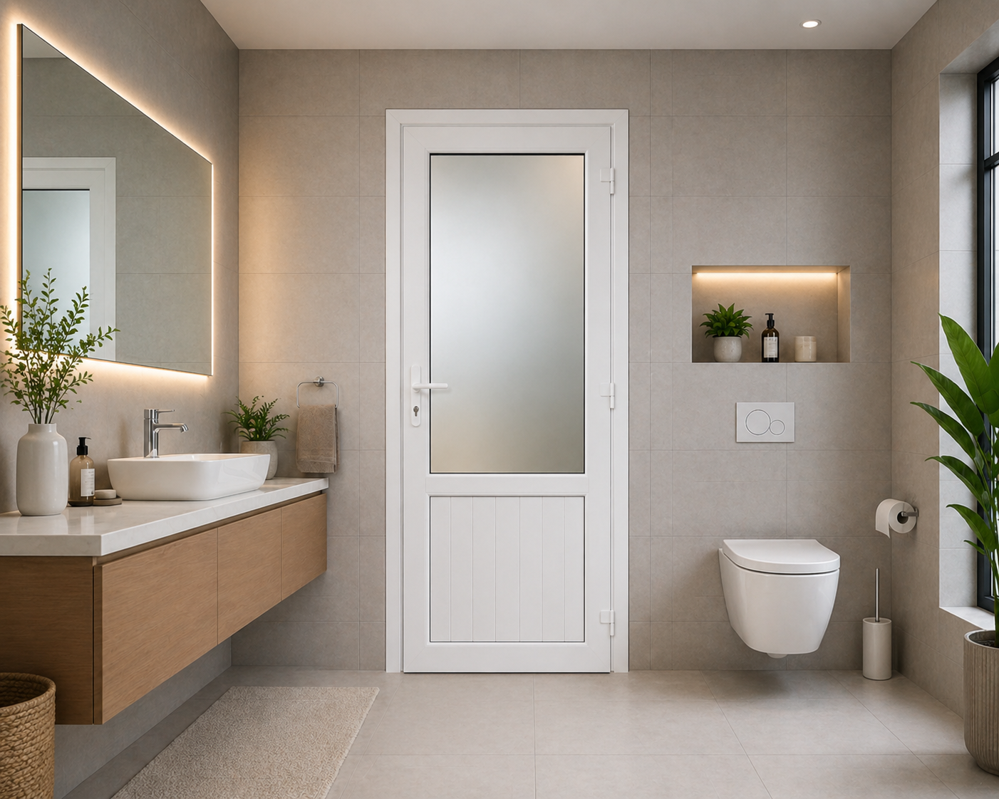 uPVC bathroom doors in Coimbatore — 100% waterproof and termite-proof design, moisture-resistant and easy to clean for Indian bathrooms